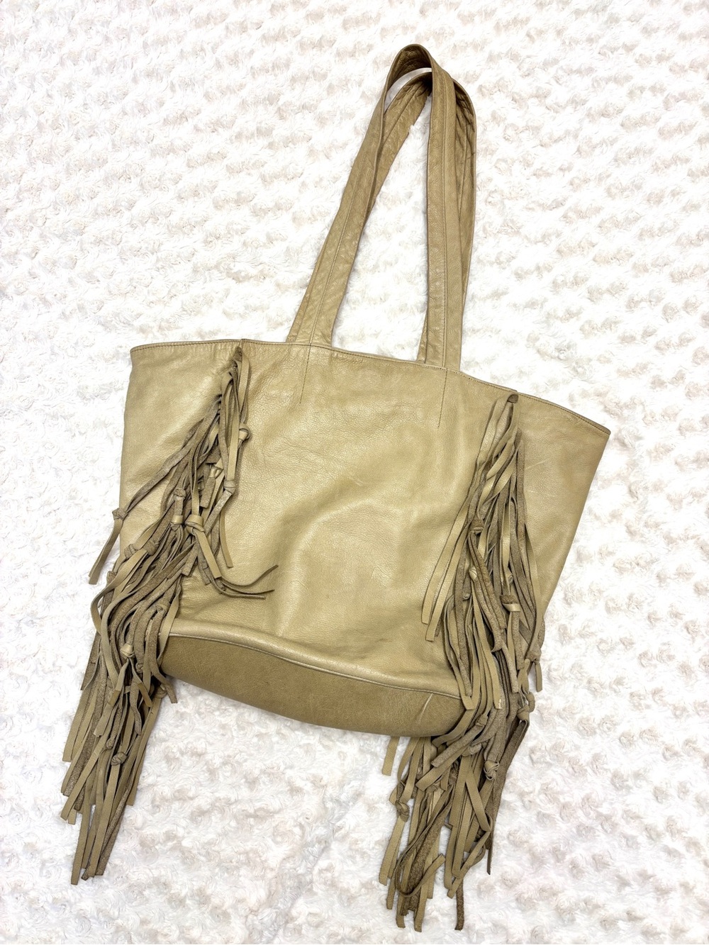GOLD Tan Leather Fringe Trim Bohemian Western Large Satchel Bag